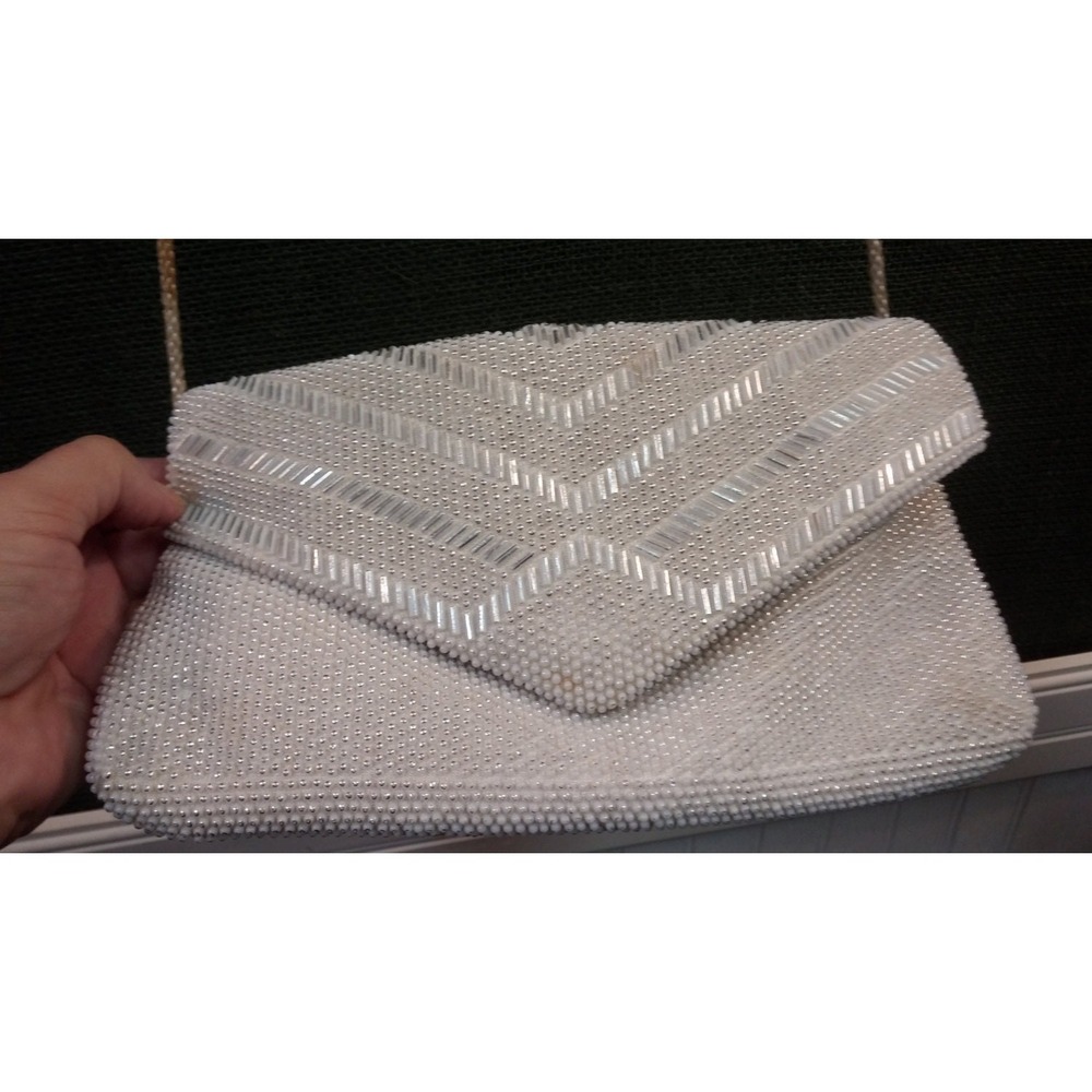 Vintage Beaded ivory beaded clutch evening bag with strap